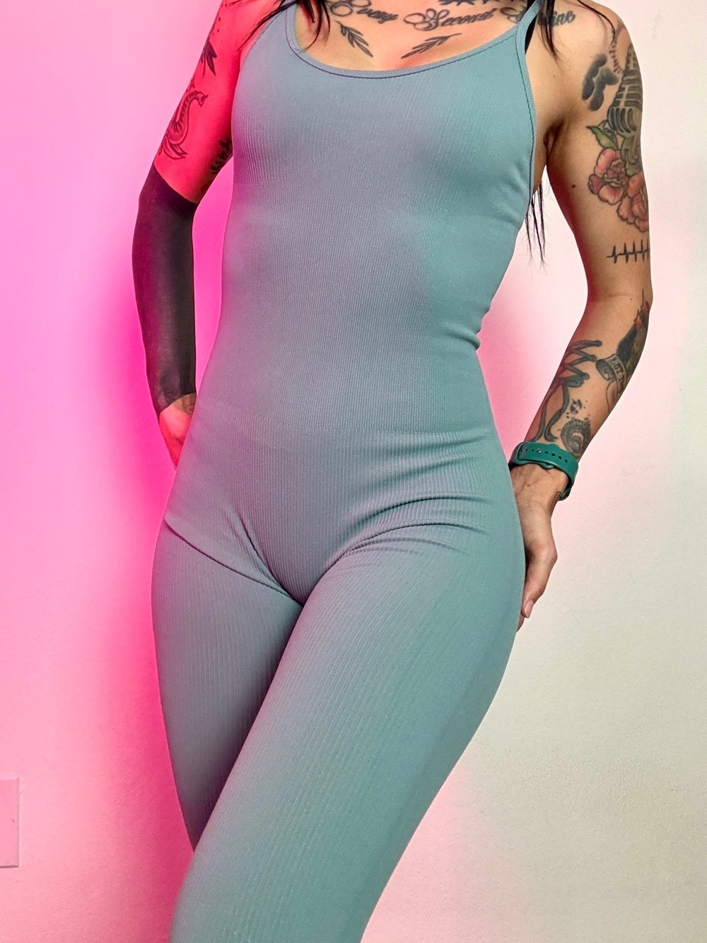 Teal Jumpsuit Bodysuit Spaghetti strap tight fitting size S - Picture 5 of 7